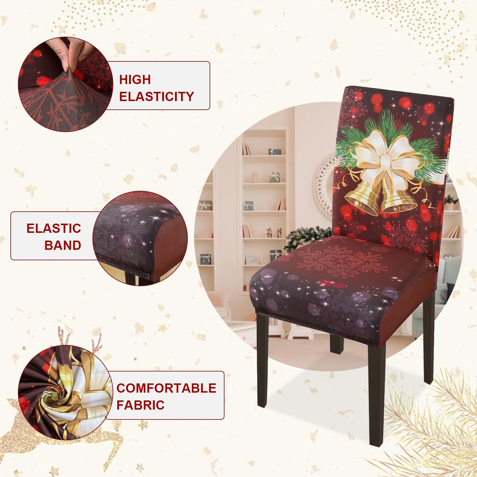 FIGOOO Coprisedie Natalizie con Schienale 4 Pezzi Xmas Coprisedia per Sala da Pranzo Spandex Fodera per Sedia da Cucina Coprisedia Decorativo Natalizio(Campanellino,4pcs)