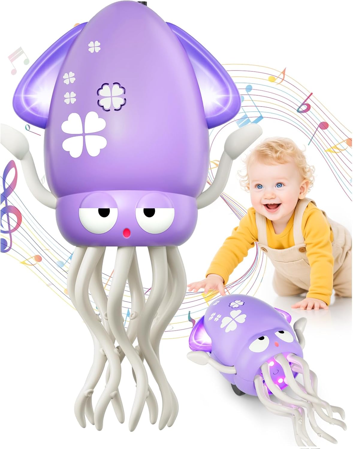 Dancing Squid Baby Toy Gifts, Dancing Octopus Tummy Time Toys, Crawling Octopus with Music and Light, Squid Baby Toy for 3 4 5 6 7 8 9 10 11 12 Kids Boy Girl Birthday Gifts Christmas Stocking Stuffers