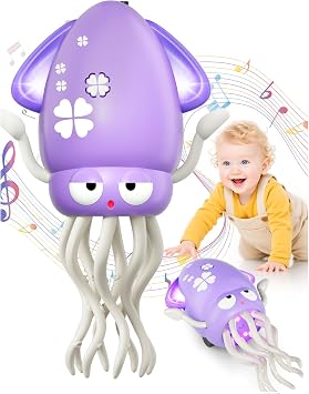 WAVISA Dancing Squid Tummy Time Toy, Baby Crawling Toys with Music & Lights