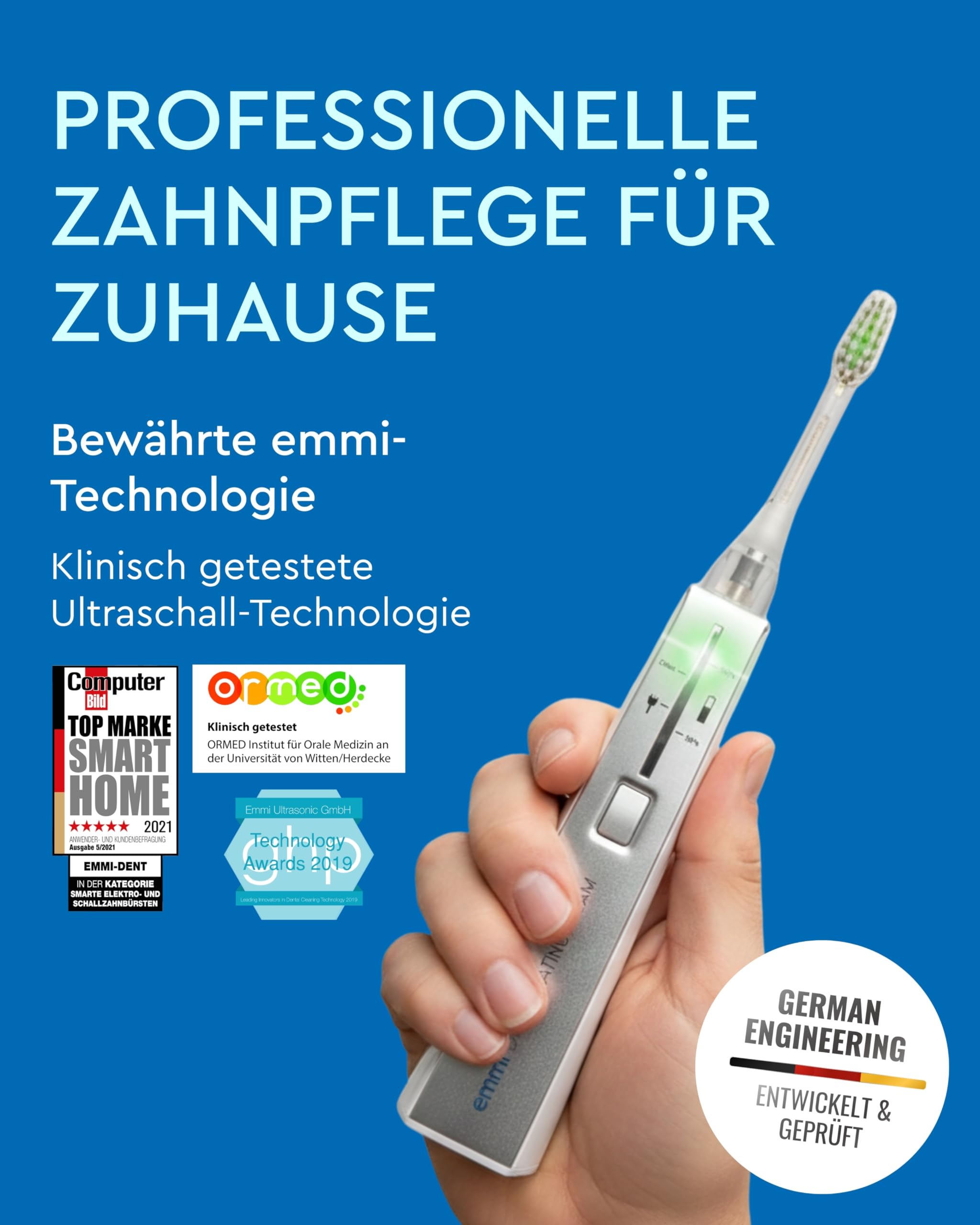 emmi-DENT Ultraschall Zahnbürste Platinum CAM in Weiß I Starter Set mit integrierter Kamera I inkl. Handteil, Ladestation, 2x Aufsatz & Zahnpasta I Plaque- & Zahnsteinreduzierung I Sanfte Reinigung