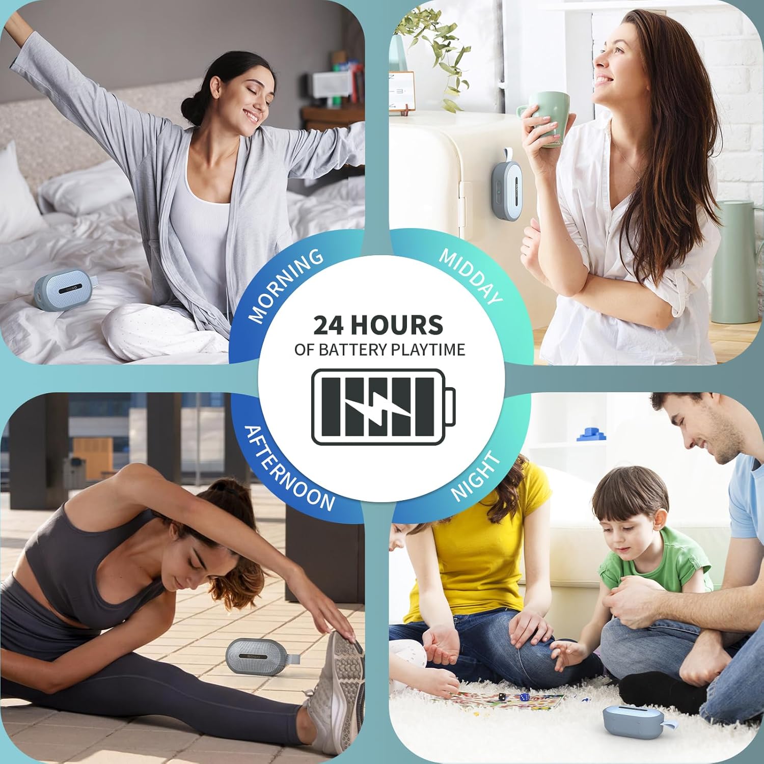 Lato view of the SOWO Soundwave Mage speaker, highlighting the control buttons and USB-C charging port.