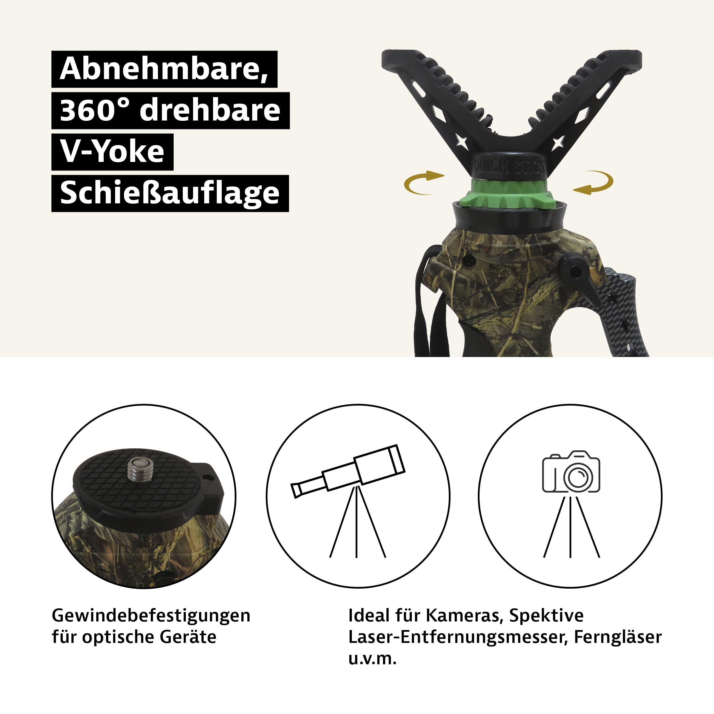 Royal Hunter® - Zielstock für Jäger - Tripod Dreibein GEN 3 – V-Joke Gewehrauflage - Pirschstock und Schießstock für perfekte Balance für präzises Zielen- stufenlos verstellbar von 100cm bis 160cm