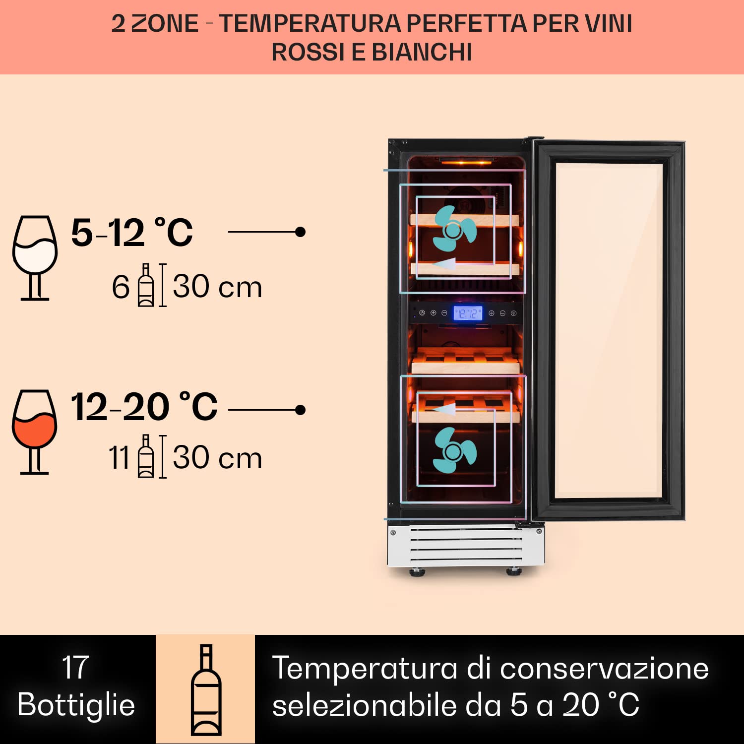 KLARSTEIN Cantinetta Vino Design da Incasso, Refrigerata a Zona Doppia per Vino Rosso, Bianco e Birra, Frigo per Esterno/Interno, 53L, 17 Bottiglie