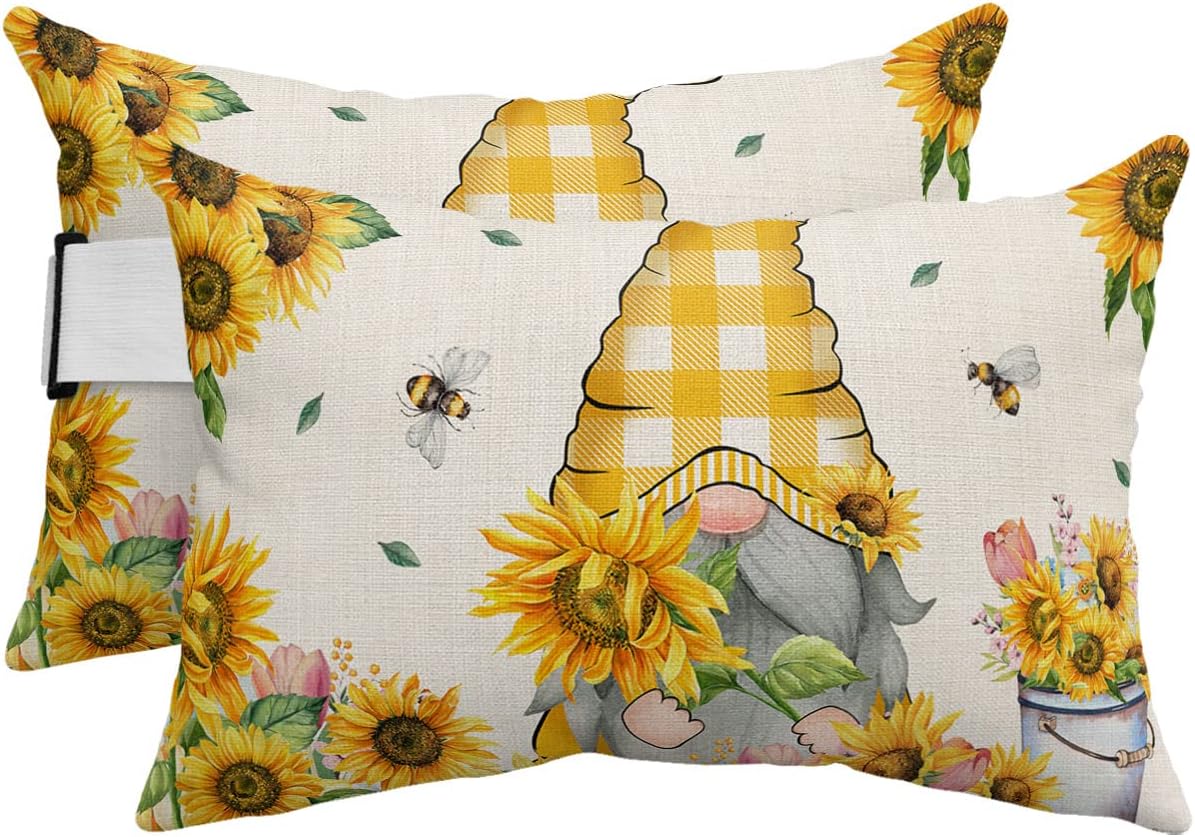 Spring Summer Bee Gnomes Outdoor Chaise Lounge Chair Head Pillow,2 Packs Waterproof Headrest Lumbar Throw Pillows Cover Case with Insert & Elastic Band for Pool,Sunflower Bumble Bee Yellow Plaid