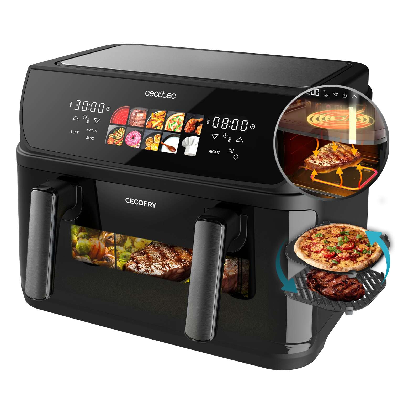 Cecotec Freidora de Aire 10 L Cecofry&Grill Duoheat 10000 2800W | Cuatro Resistencias para Dorado Perfecto, Temperatura Dual, Pared Divisoria Móvil, Dos Cestillos Independientes, Plancha