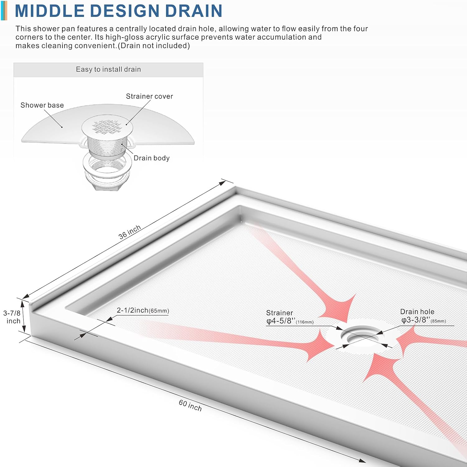 Shower Base L 60'' x W 36'' x H 3-7/8'', Center Drain Location Rectangle Acrylic Shower Pan, Single Threshold 3-Wall Alcove Shower Floor (Drain Not Included)