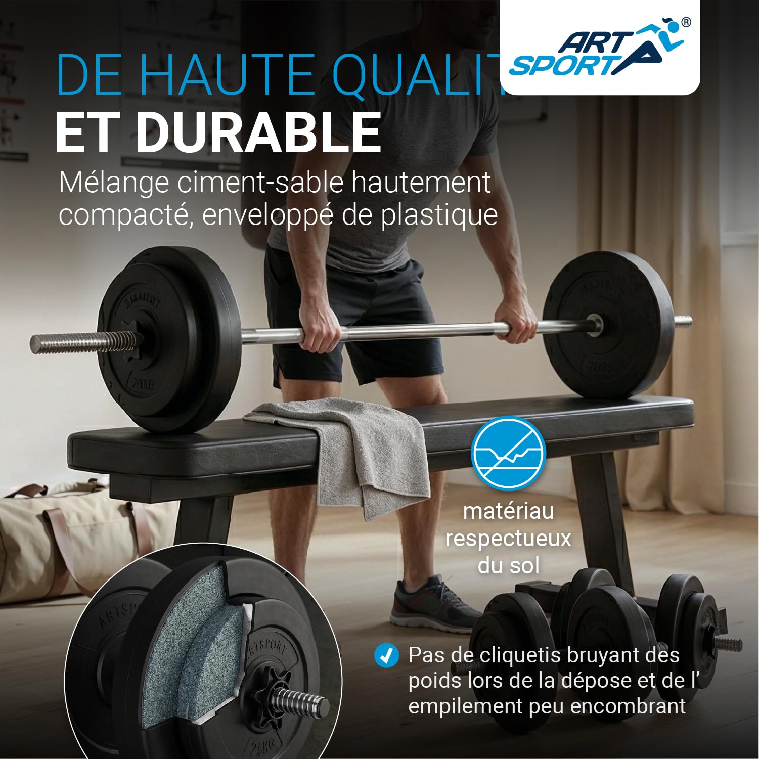 ArtSport Ensemble d'haltères courts de musculation 3-en-1 avec 2 haltères courts, 1 haltère long et 1 haltère curl SZ – 12 poids de 60kg avec fermetures en étoile