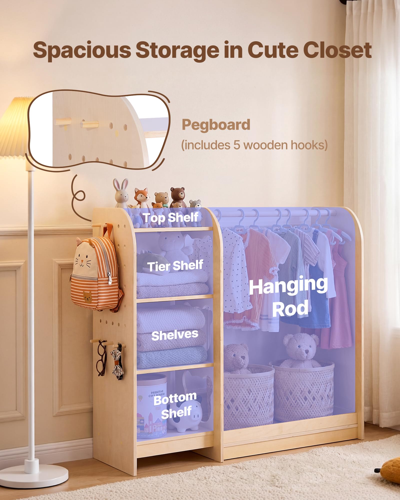 VEVOR Armadio per Bambini con Specchio, Guardaroba Appendiabiti in Materiale Legno, Mobile Contenitore per Cameretta Stanza dei Giochi Camera da Letto Giocattoli Travestimenti Organizzazione Vestiti