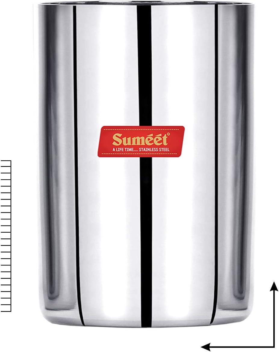 Sumeet Stainless Steel Mirror Finish Circle Shape Heavy Gauge Glass Set of 6 Pcs - 6.5cm Dia - (300ml Each)