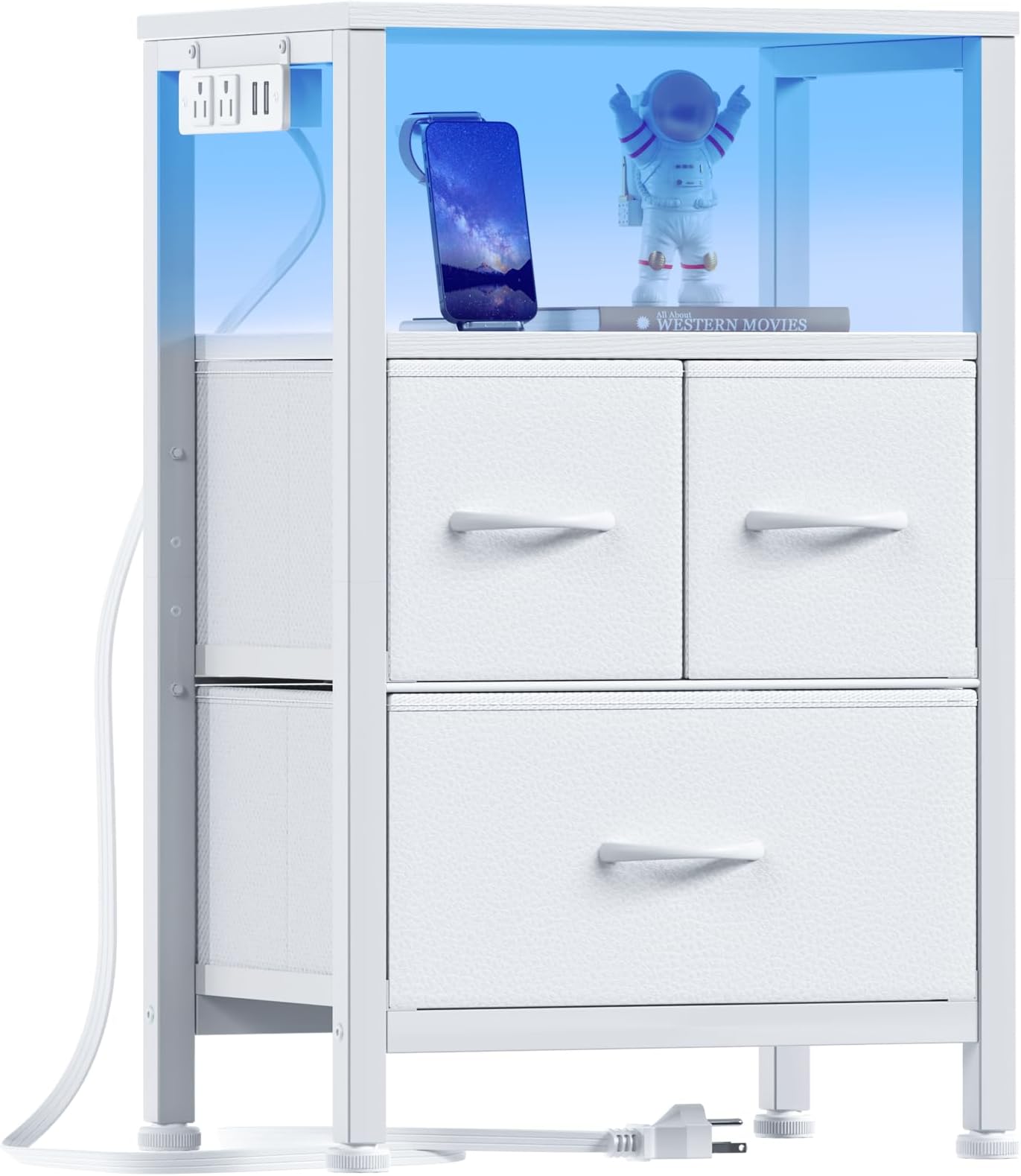 Furnulem Night Stand, Storage Side Table with Charging Station, LED, USB Ports and Outlets, Bedside Table with Fabric Bins, Nightstand with Open Shelf, Small End Table for Bedroom (3 Drawer, White)