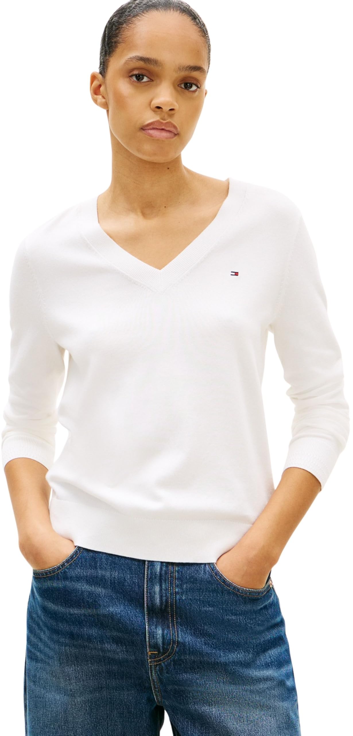 Tommy Hilfiger Women’s Cotton Jersey Stitch V-Neck Jumper, White (Ecru), 3XL