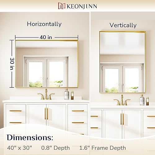 Miniatura 438 de Keonjinn Espejo de baño dorado de 48 x 36 pulgadas, espejo rectangular con marco de metal dorado cepillado, espejo de pared grande rectangular