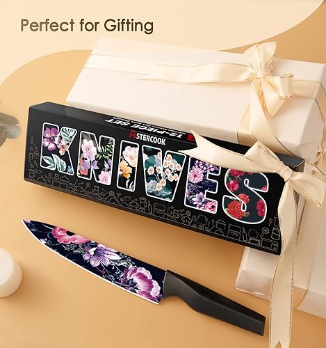 Miniatura 6 de Astercook Juego de cuchillos de cocina de flores de 12 piezas con protectores de cuchillas, apto para lavavajillas, acero inoxidable alemán de alto