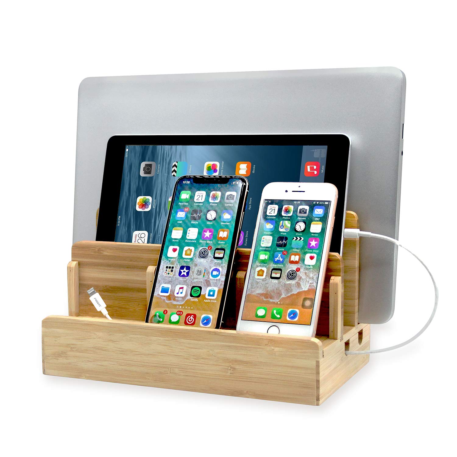 Eco Bamboo Multi-Device Charging Station Dock, Desk Docking Station Organizer for Laptops, Tablets, and Phones