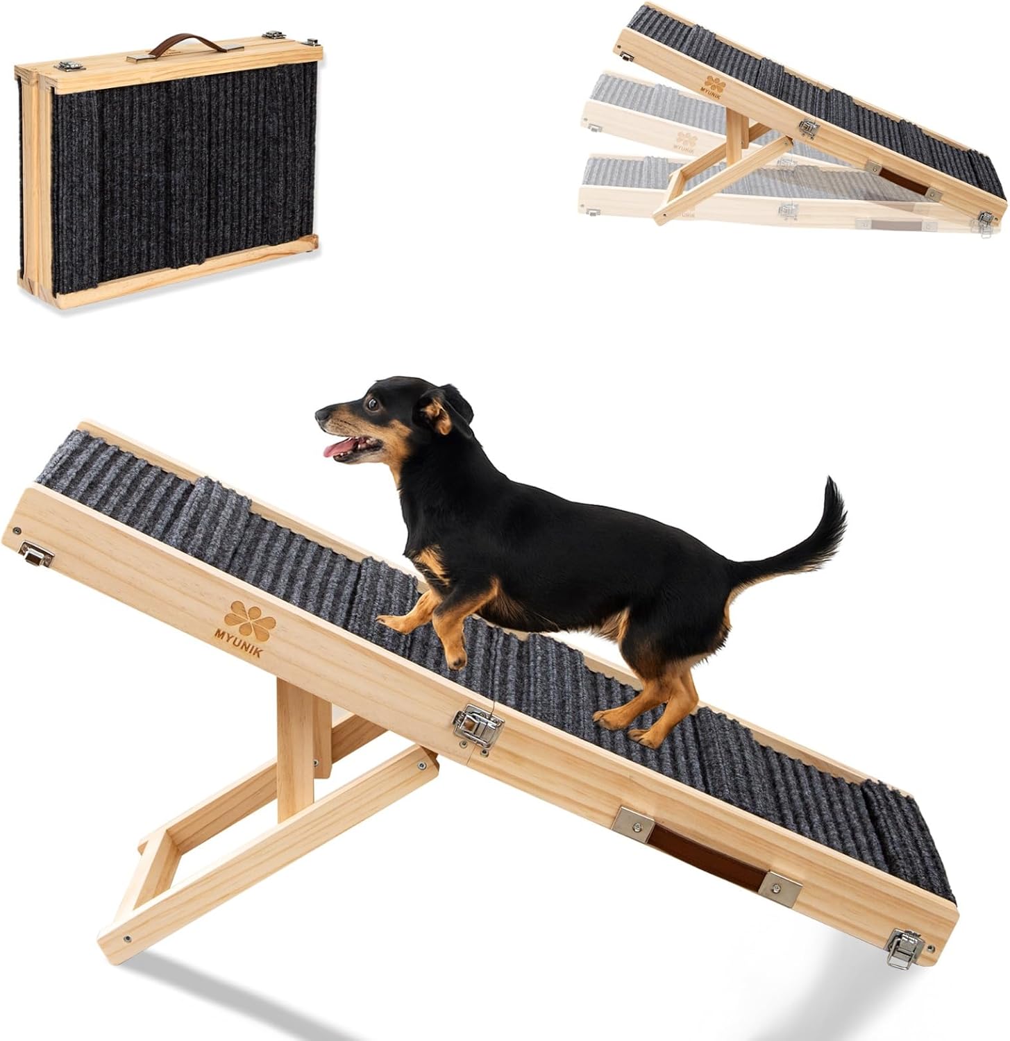 Upgraded 2025 MYUNIK Adjustable Small Dog Ramp 34.65" Foldable Solid Wood Pet Ramp with 5 Heights 10–19.5", Non-Slip Carpet Handle Ramp for Bed Couch Sofa & Car