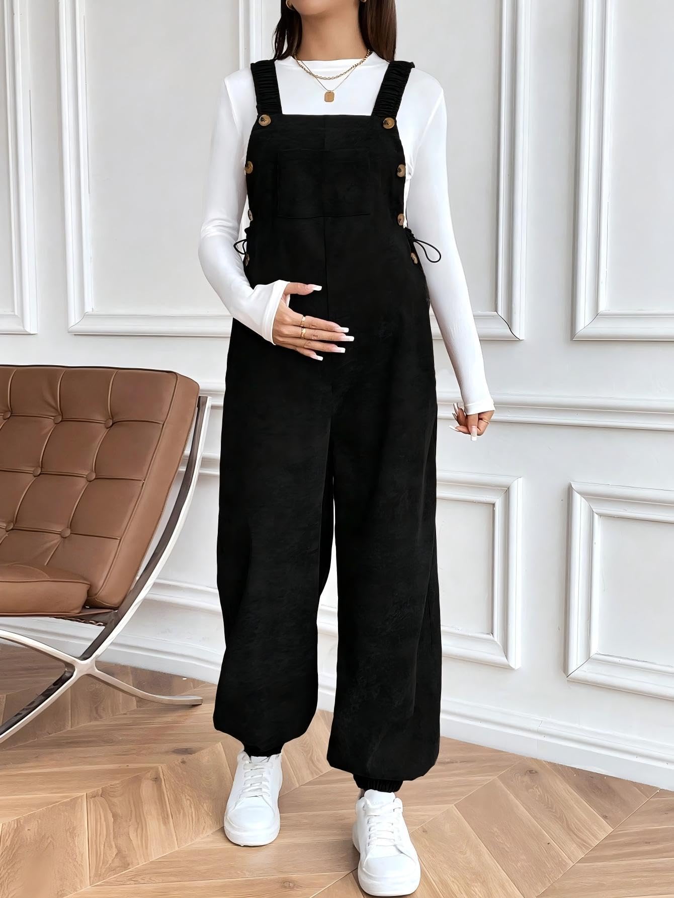 Generico Tuta premaman in velluto a coste con spalline elastiche gamba larga pantaloni larghi con pettorina e pantaloni per la gravidanza