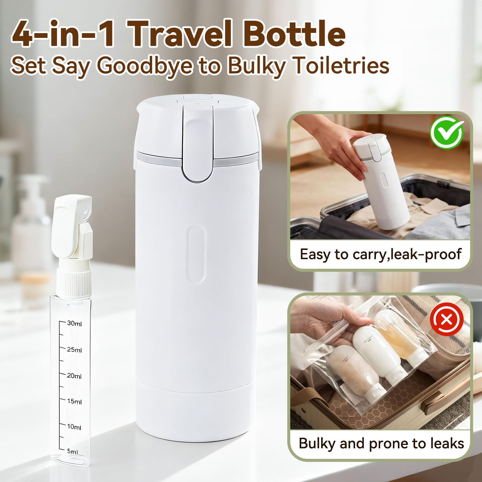 4 in 1 Travel Dispenser,Travel Shampoo and Conditioner Bottles,Refillable Leak Proof Containers Toiletries for Vacation and Business Travel120ML White - 5