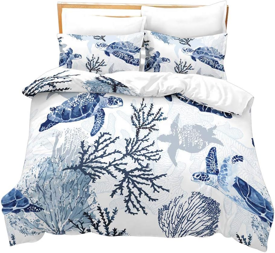 Loussiesd Turtle Duvet Cover Set Blue White Double Bedding Set Marine Life Sea Animals Print Comforter Cover Soft Microfiber Polyester Bedspread Cover with 2 Pillow Shams, Zipper, Ocean Theme