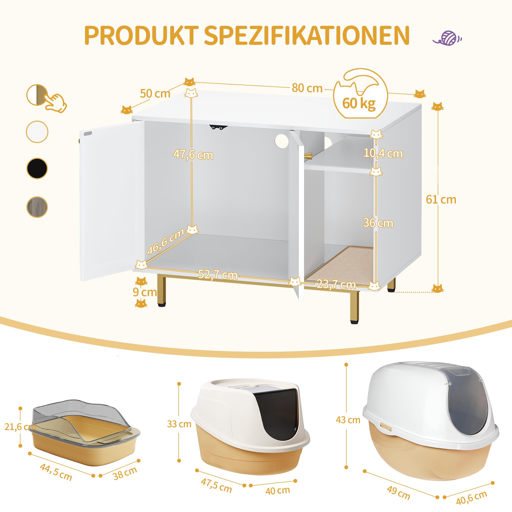 Hzuaneri Katzenschrank, Katzentoilette, Katzenklo Schrank, Katzenhaus mit Tür und separater Trennwand, 80 x 50 x 61 cm, Stabile Katzenschrank, Sitzbank, Weiß und Gold 01503GCLB