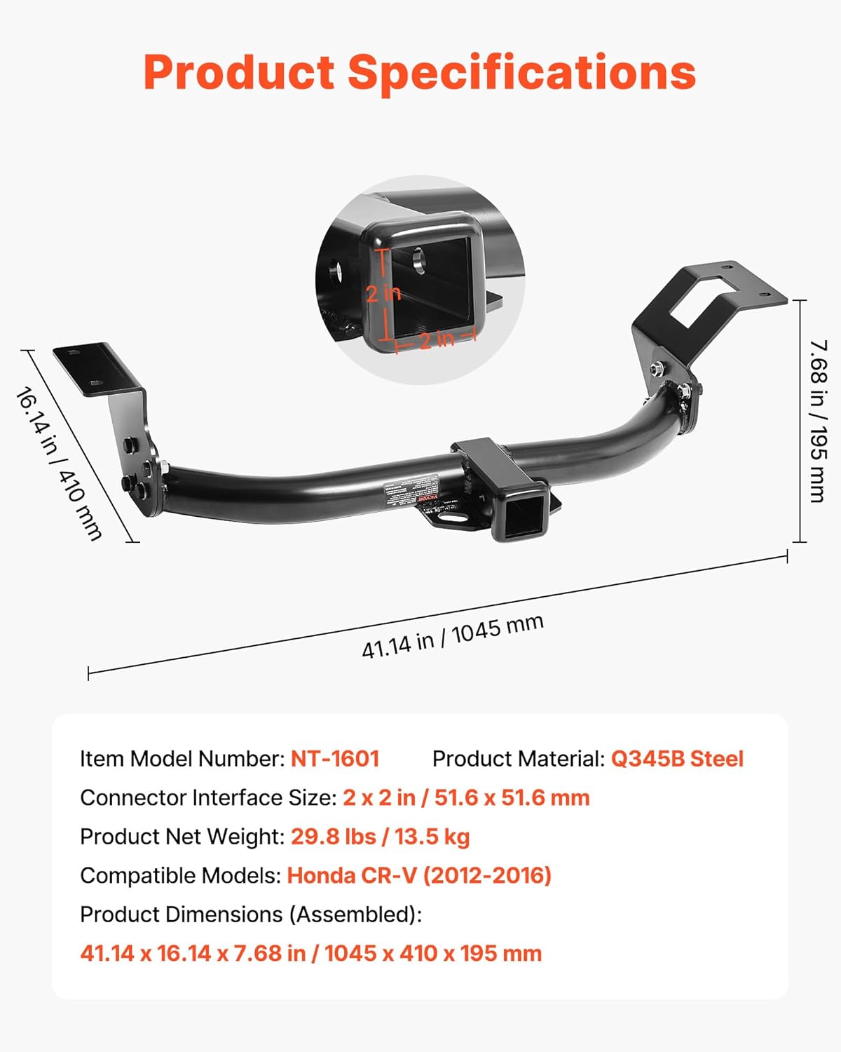 VEVOR Class 3 Trailer Hitch, 2-Inch Receiver, 6000 lbs, Q345B Steel Tube Frame, Compatible with 2012-2016 Honda CR-V, Multi-Fit Hitch to Receive Ball Mount, Cargo Carrier, Bike Rack, Tow Hook, Black
