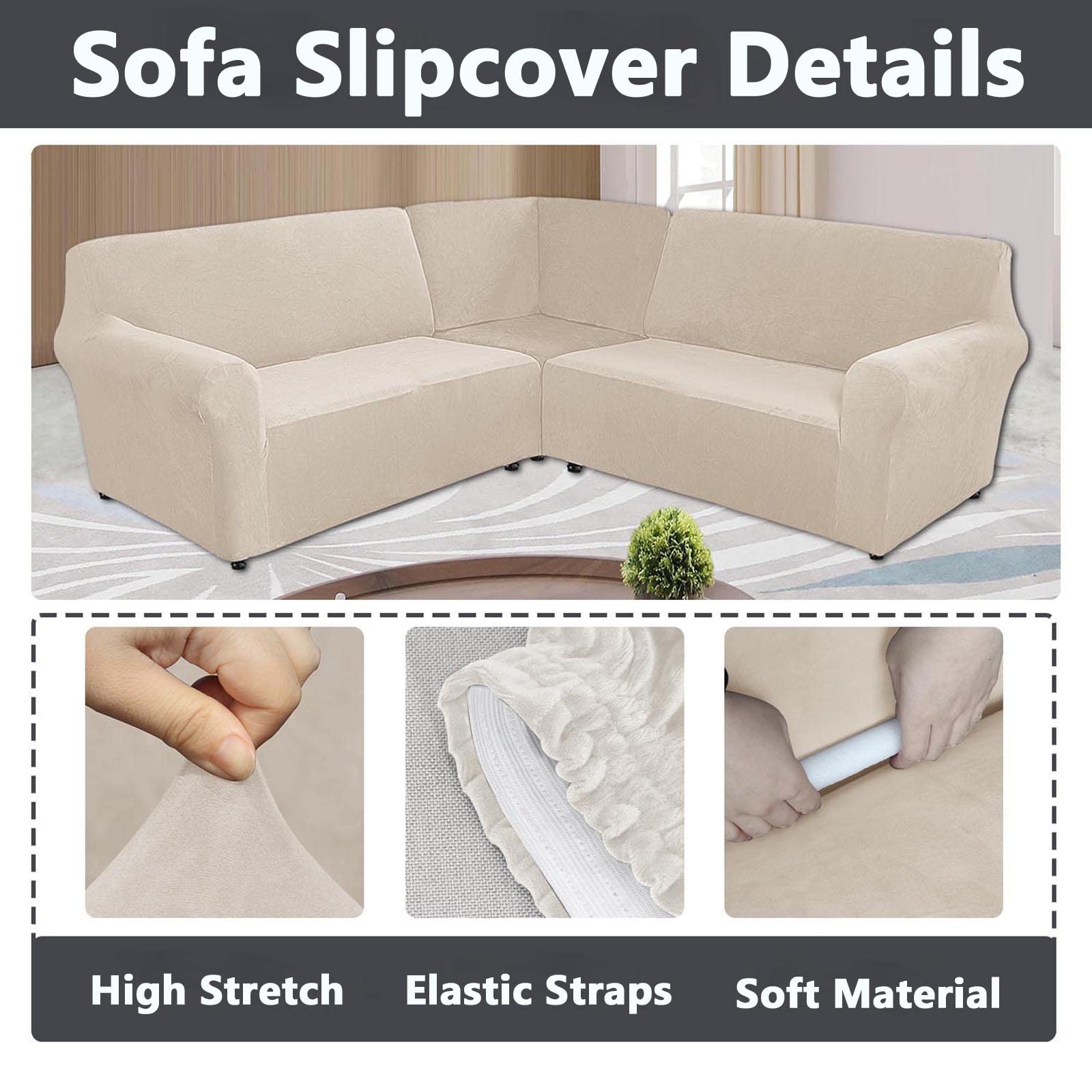 Housse Canapé 3 Pièces Forme L - Velours Taupe, 7 Places, élastiquée