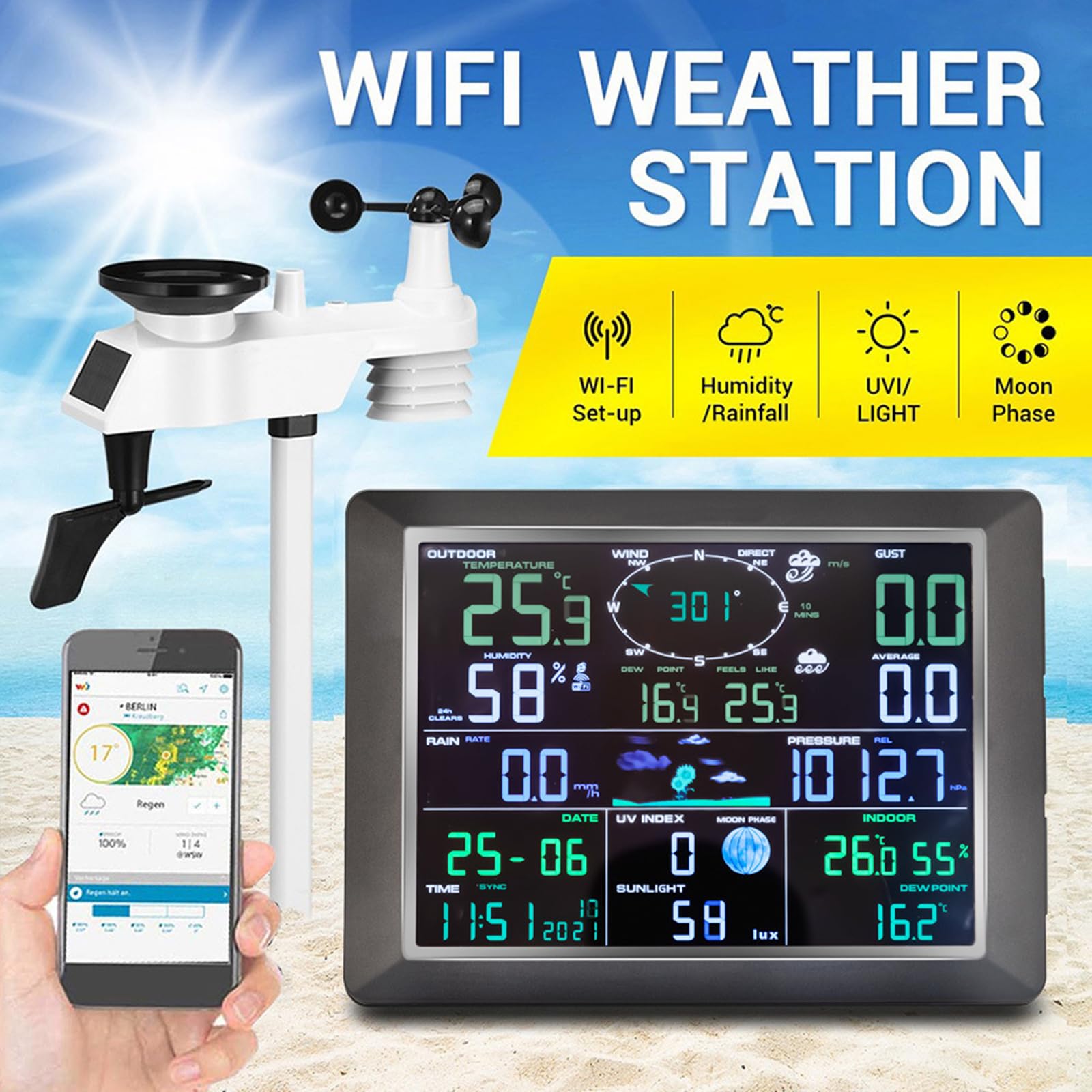 Estación meteorológica WiFi 7 en 1 con Internet inalámbrico y Sensor para exteriores, termómetro para interiores y exteriores, humedad, pluviómetro, anemómetro, registros de Valore
