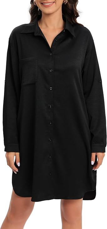 Womens Casual Cuffed Long Sleeve Button Down Shirt Dress Plus Size V Neck Tunic Blouses Tops with Pockets
