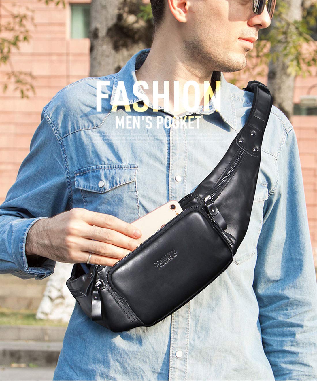 FANDARE Sac de Ceinture Sac de Poitrine Homme Sac Banane Cuir Sac de Ceinture Sac d'épaule Sling Bag Imperméable Sling Bag pour Sports, Escalade, Jogging, Randonnée, Voyage Garçon