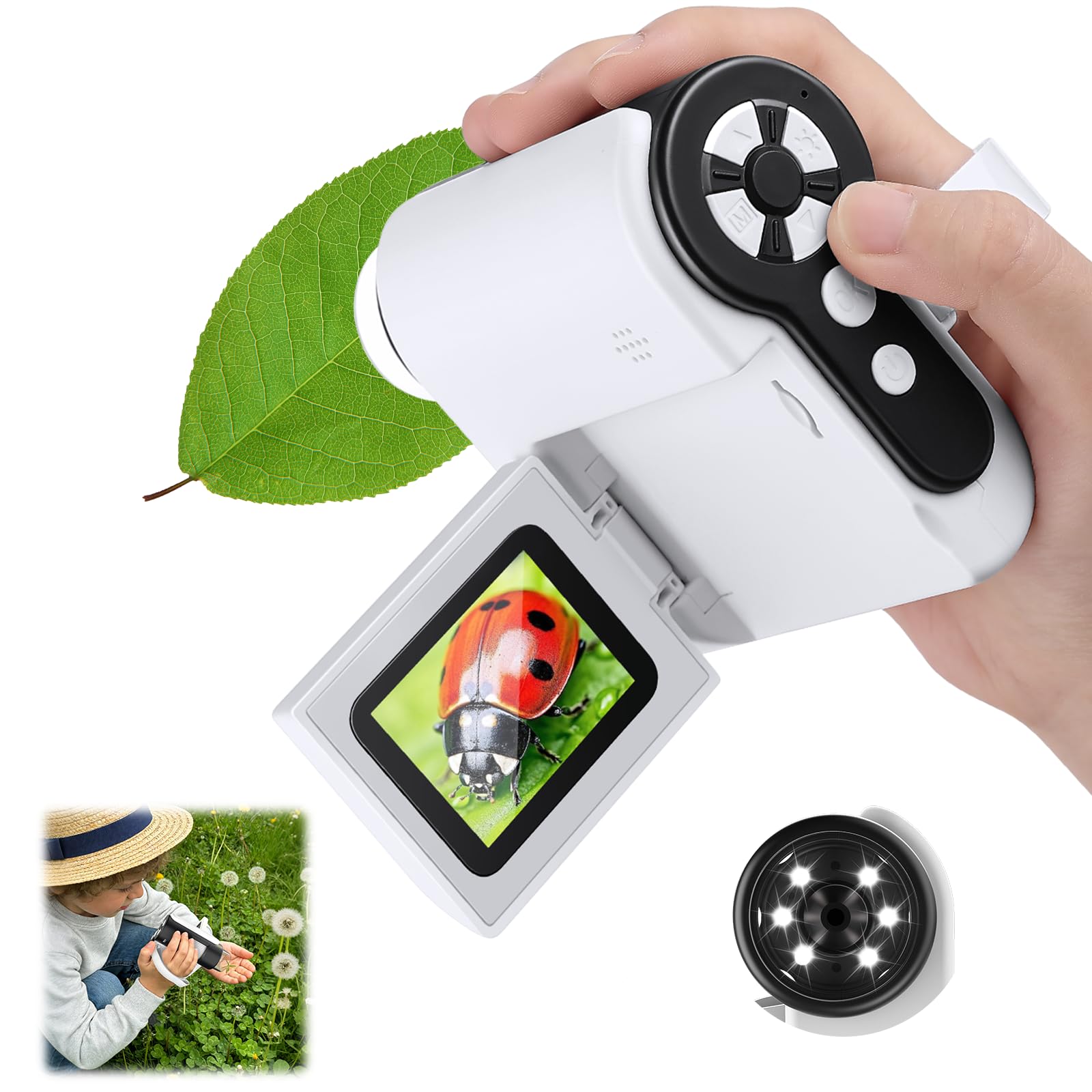 1000X Microscope for Kids 8-12, 4K HD Screen with 6 LED Lights, Portable Microscope for Outdoor STEM Learning, Rechargeable Science Kit with Slides, Birthday Valentines Day Gifts for Kids