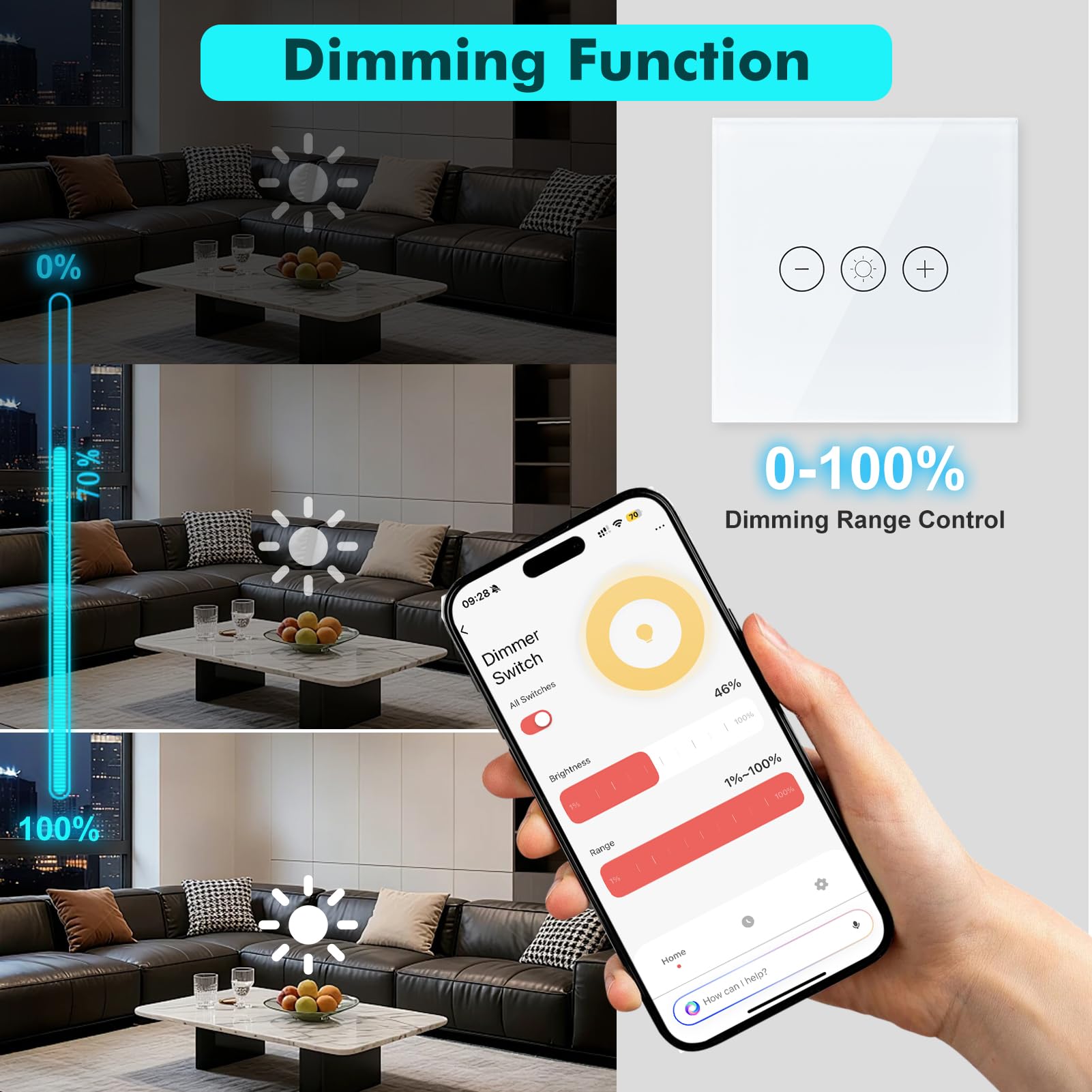 WIFI Dimmer Lichtschalter Wlan Smart Unterputz Glas Touch Screen Dimmer für LED Lampen Lichtschalter Weiß 100-240V 2.4GHz Smartphone Steuerung fuer Smartlife Alexa tuya Neutralleiter Wird Benötigt