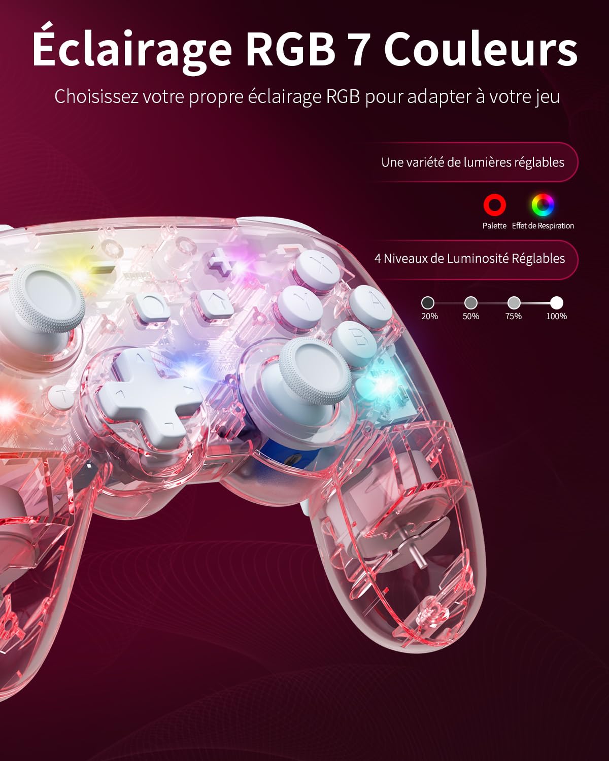PALPOW Manette Switch à Effet Hall sans fil, Compatible avec Switch 2/OLED/Lite, Gamepad Bluetooth avec 7 Couleurs LED/Macro/Capteur de Mouvement/Turbo - Rose Transparent