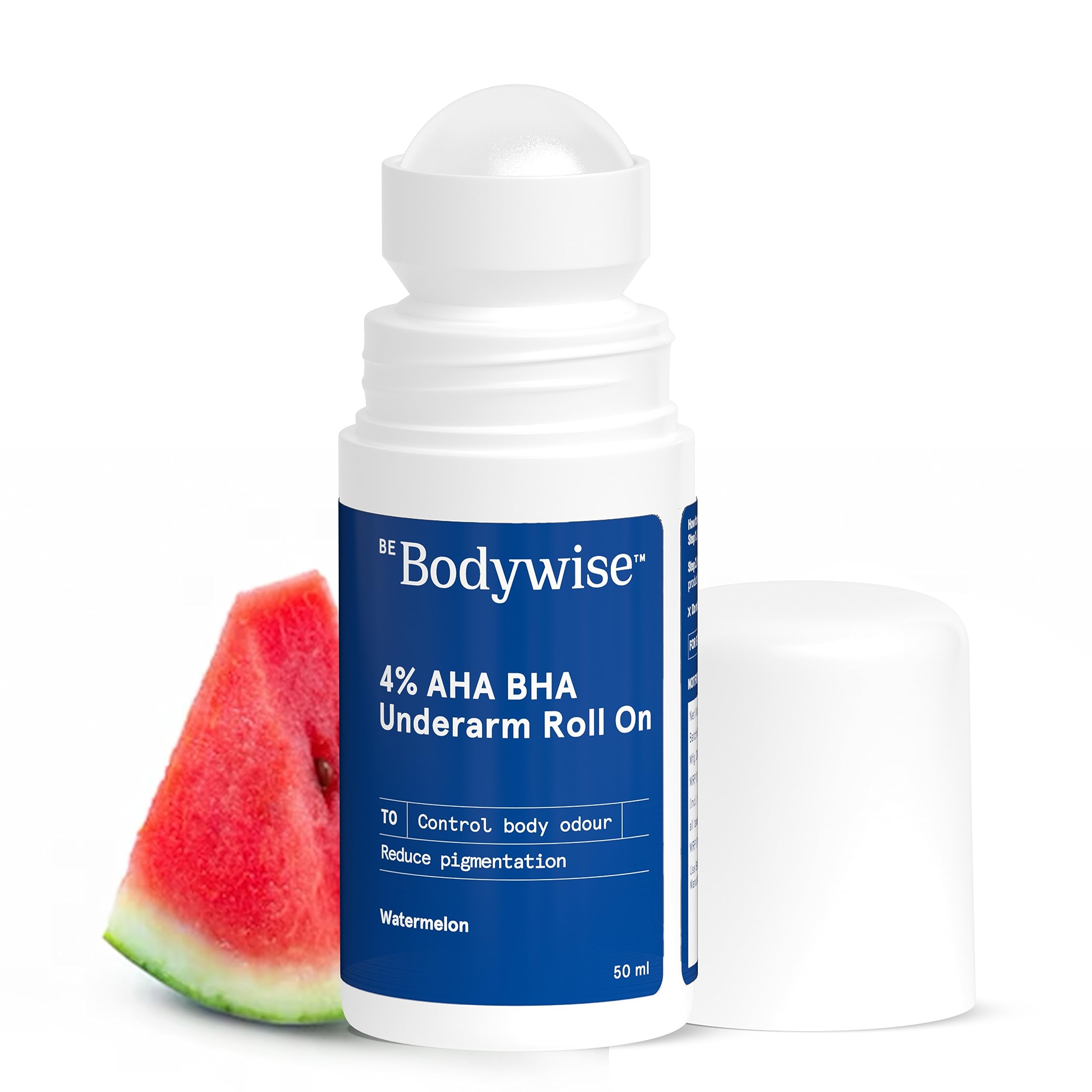 Be Bodywise 4% AHA BHA Underarm Roll-On | Watermelon | 1% Mandelic Acid, 2% Lactic Acid & Alpha Arbutin I Reduces Body Odour, Corrects Uneven Skin Tone & Fades Pigmentation | Alcohol Free I 50 ml