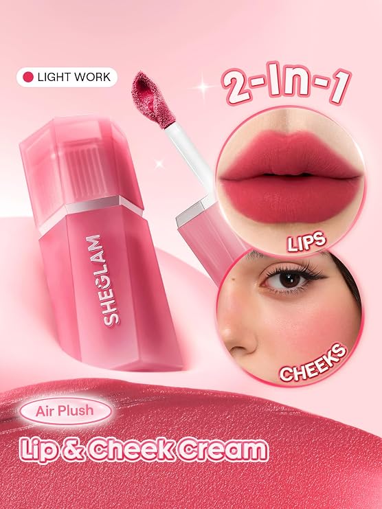 SHEGLAM Air Plush Lip & Cheek Cream Long-lasting Multi-Use Liquid Blush & Lip Stain-028 Light Work