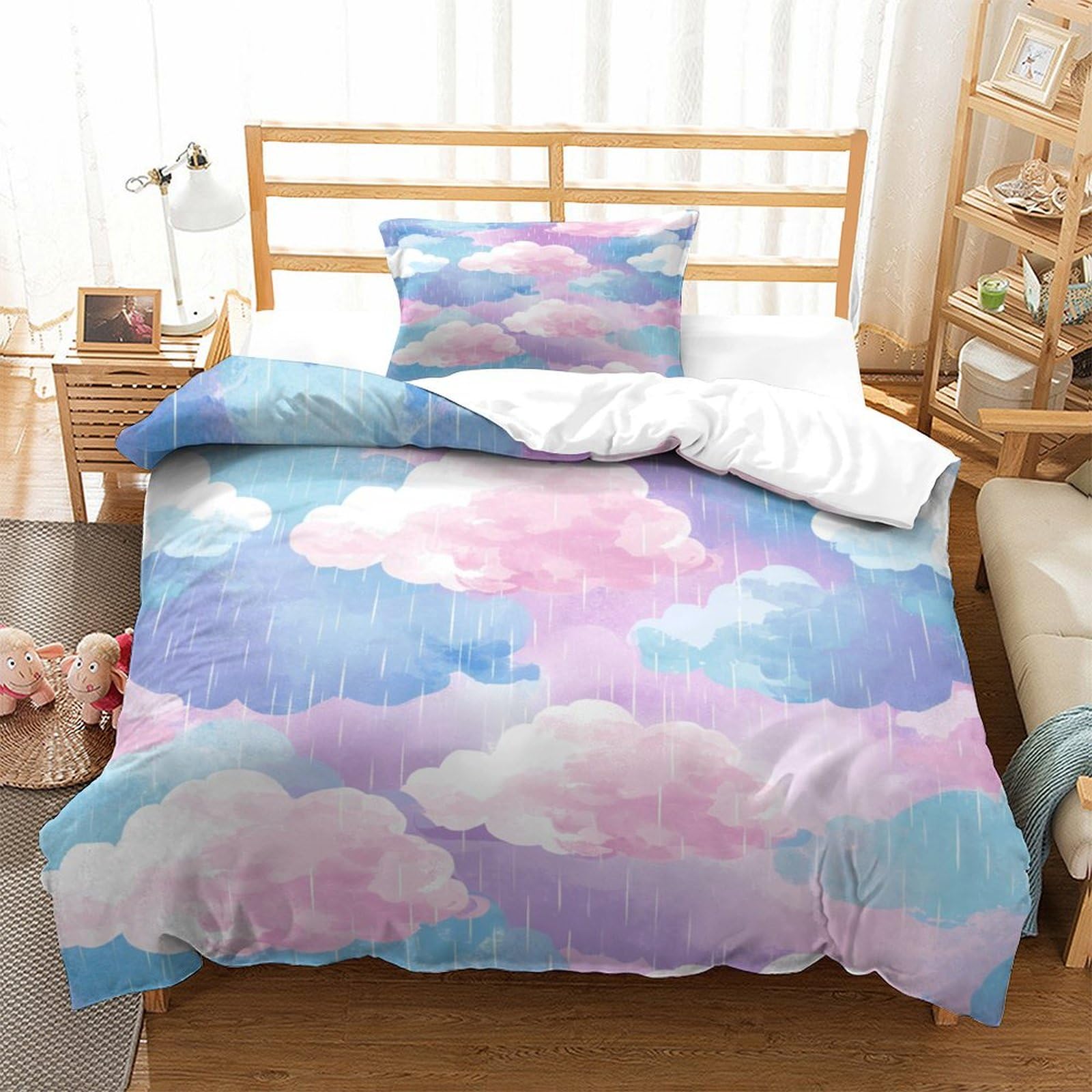 P1S9U7W5Y Dreamy Clouds 3D Printed Duvet Cover Set 3pcs Microfiber Pastel Cloud Bedding Set Soft Single（135x200cm）