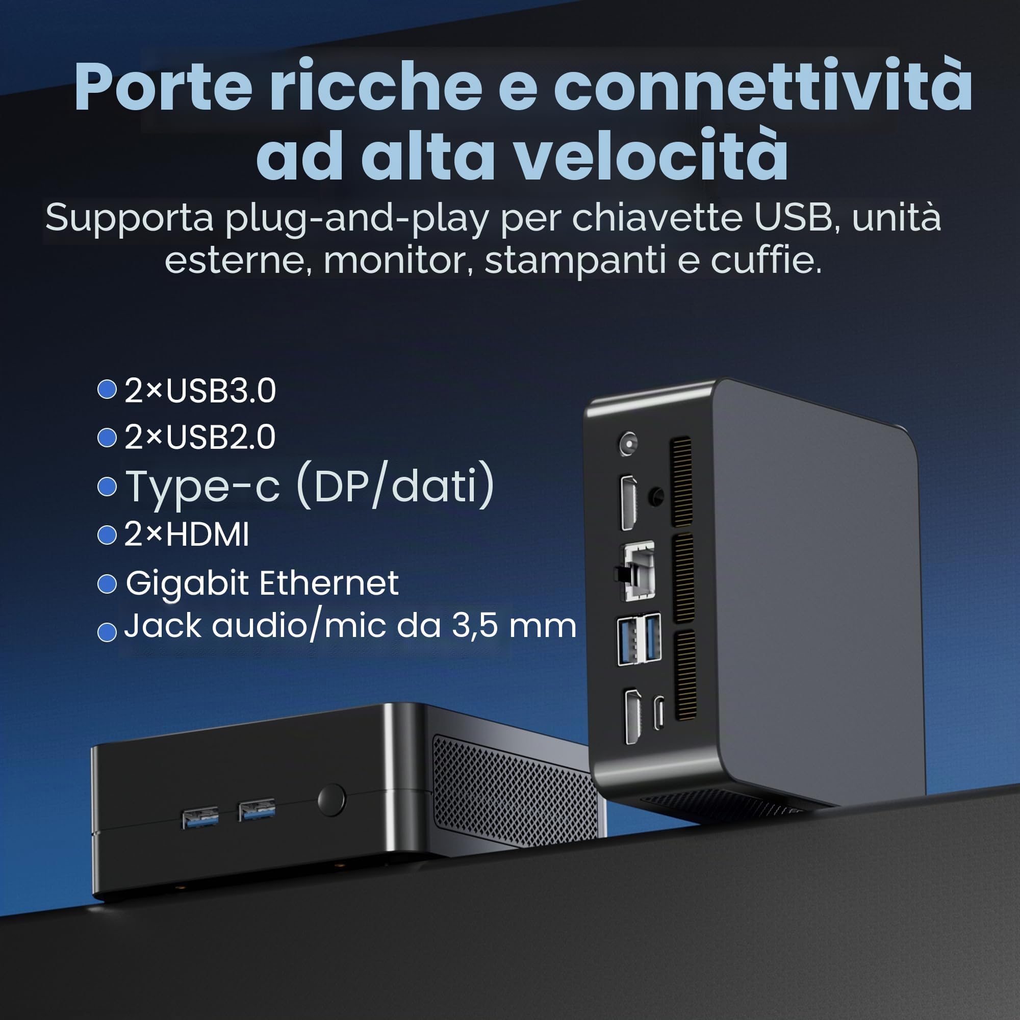 Mini PC, Ryzen 5 7430U (6C/12T 4,3 GHz) 8 GB DDR4 256 GB SSD, Windows 11 Pro/WiFi 6/BT-5.2/USB*4/Type-C (4K @ 60Hz~8K @ 30Hz)/HDMI*2 (4K @ 60Hz) 3 uscite video