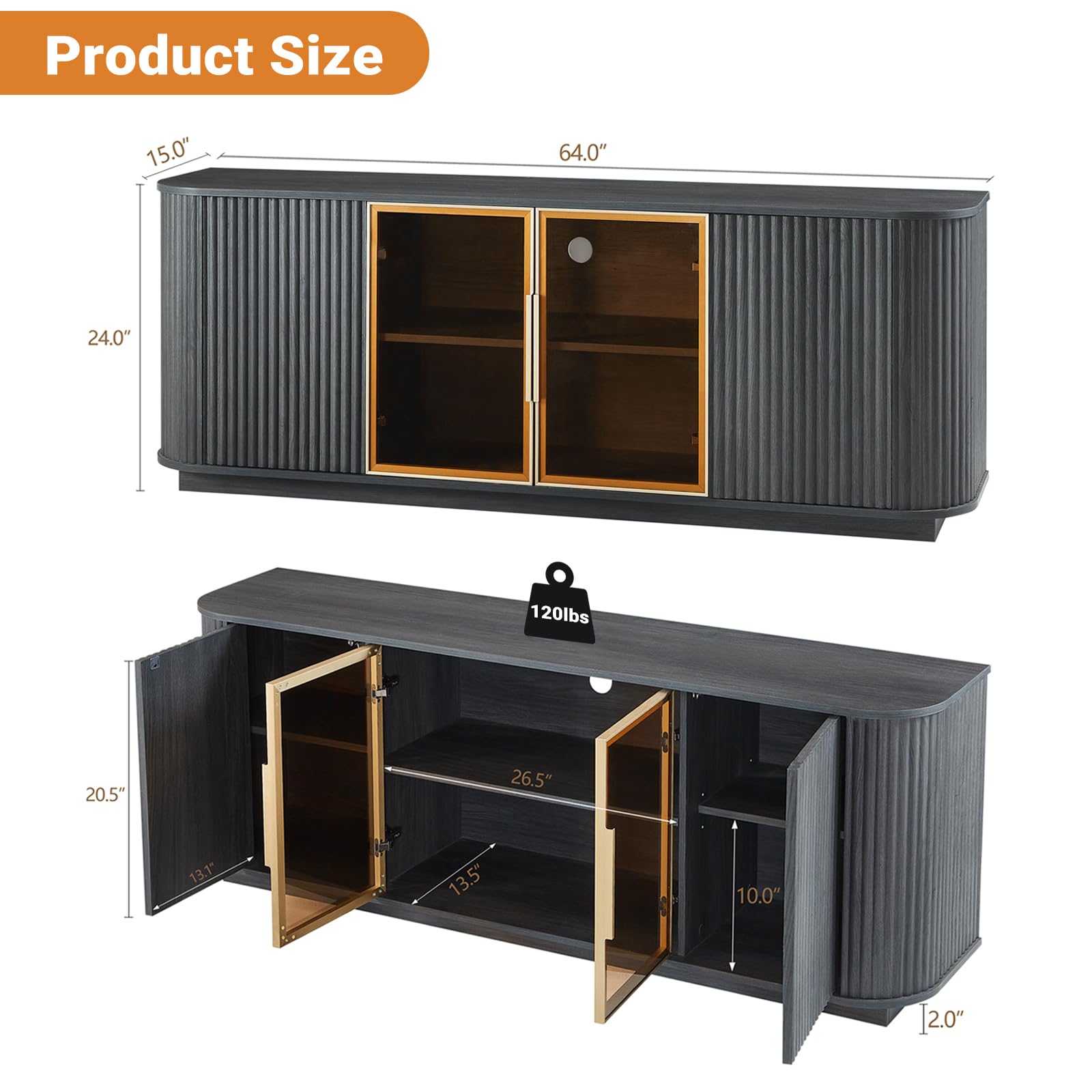 Hosnnile 64'' Sideboard Buffet Cabinet with RGB LEDs, Wood Entertainment Center, Modern Media Console with 4 Doors 6 Storage Spces, TV Stand Coffee Bar for Living Room, Dining Room, Entryway