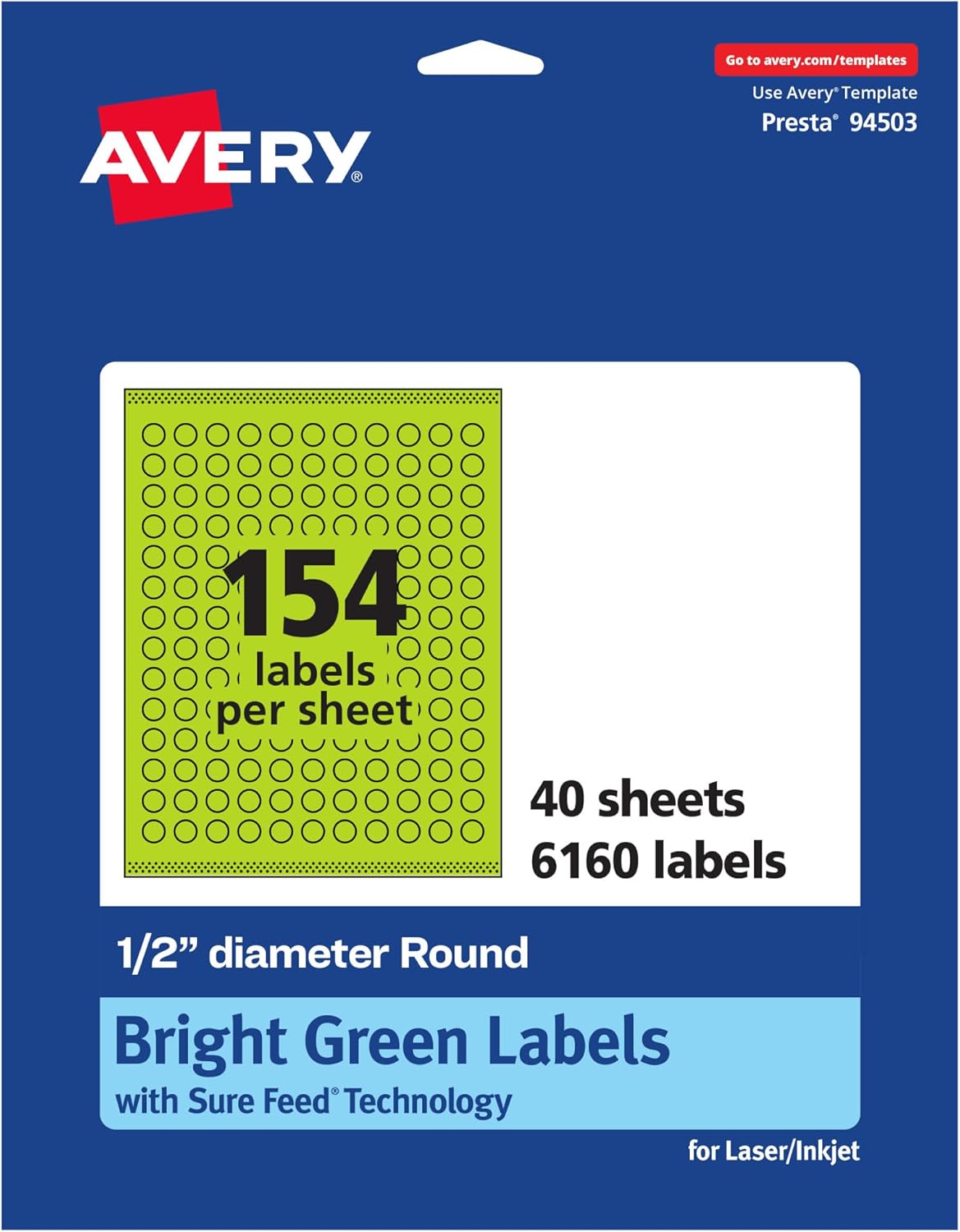 Avery Printable Round Labels, Sure Feed Technology, 1/2" Diameter, Bright Green Labels, Print-to-The-Edge, Laser/Inkjet, 6,160 Total, Great for Price Stickers and Mailing Seals