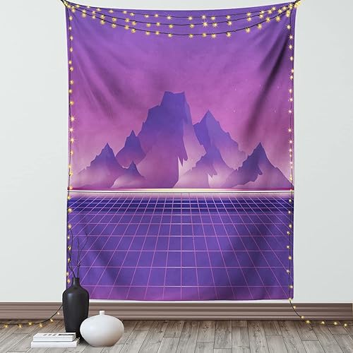 Ambesonne Synthwave Tapestry, Retro Sci-fi Design of Mountains and Retro Wave Computer Lover Squares, Wall Hanging for Bedroom Living Room Dorm