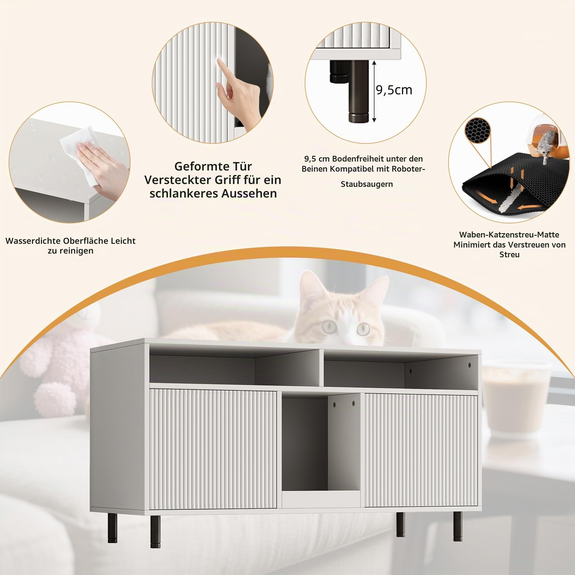 Katzentoiletten-Schrank/Katzenstreuwanne-Schrank mit Sandauffangmatte, Haustier-Schrank mit Ablage, Haustier-Sideboard/TV-Schrank, ohne Katzenstreuwanne, 120x50x66cm, Weiß