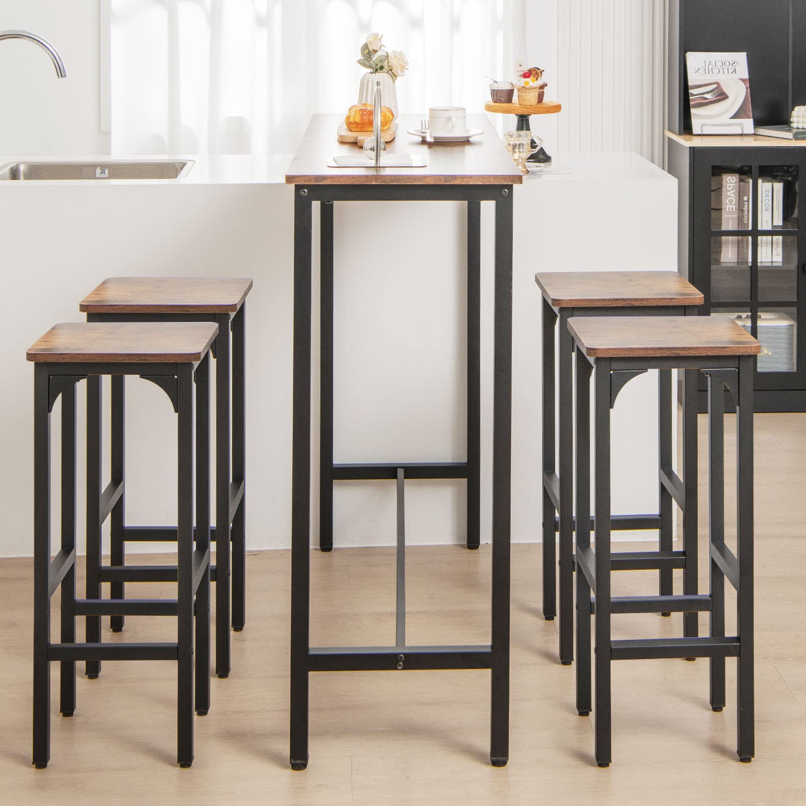 LIFEZEAL Set di 2 Sgabelli da Bar, Sgabello da Cucina, Sgabello Alto, con Poggiapiedi, Acciao+Legno, Peso Max 150kg, 30x30x71,5 cm, per Ristorante, Sala da Pranzo, Montaggio Facile, Stile Industriale