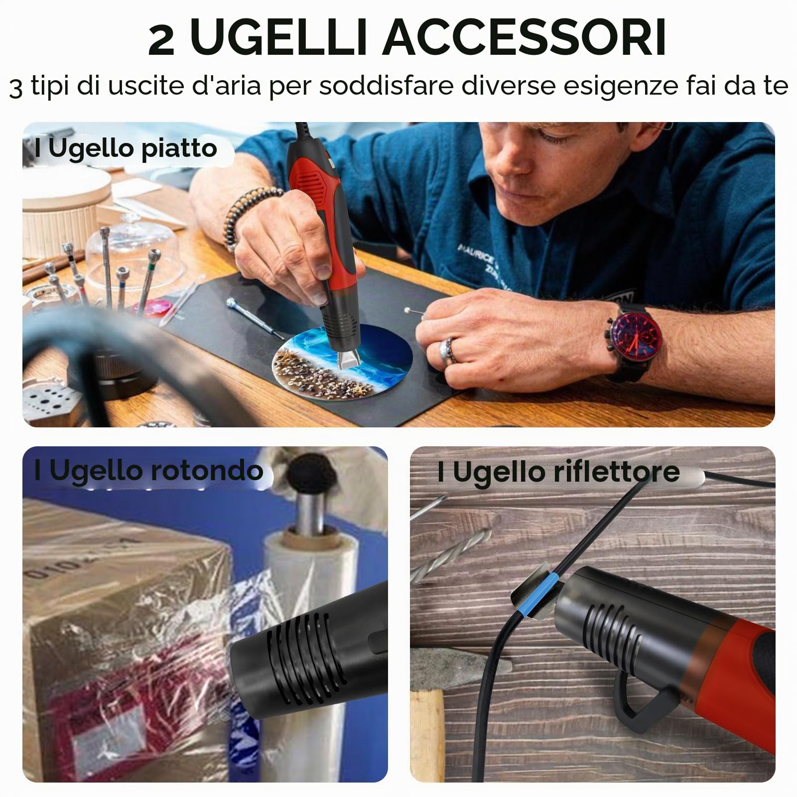 ROMECH Pistola termica da 350 W con 2 ugelli, pistola termica a doppia temperatura da 204 °C a 350 °C, pistola ad aria calda a calore rapido con protezione da sovraccarico per fai da te, goffratura,
