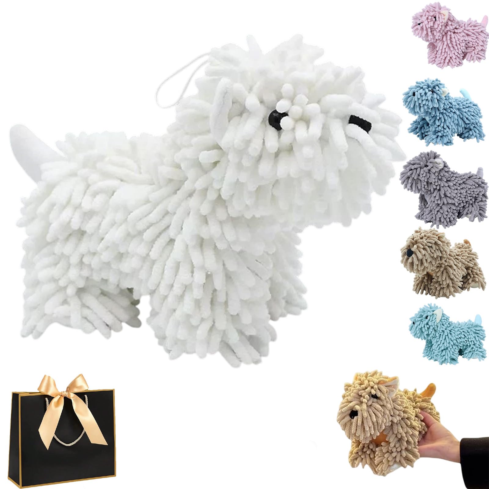 fjaldjfu Puppy Shaped Chenille Hand Towel, Cute & Functional Soft Puppy-Themed Dog Shaped Hand Towel, Fluffy Absorbent Decorative Fuzzy Ball Hanging Towels for Bathroom, Washstand (white)