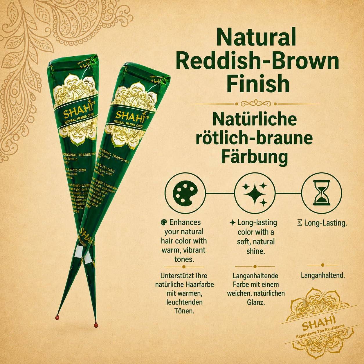 Shahi Premium Henna Cone (Mehndi) | Natürliche Mehndi-Paste | 3 gebrauchsfertige Henna-Kegel | Rötlich-braune Farbe | Je 28 g