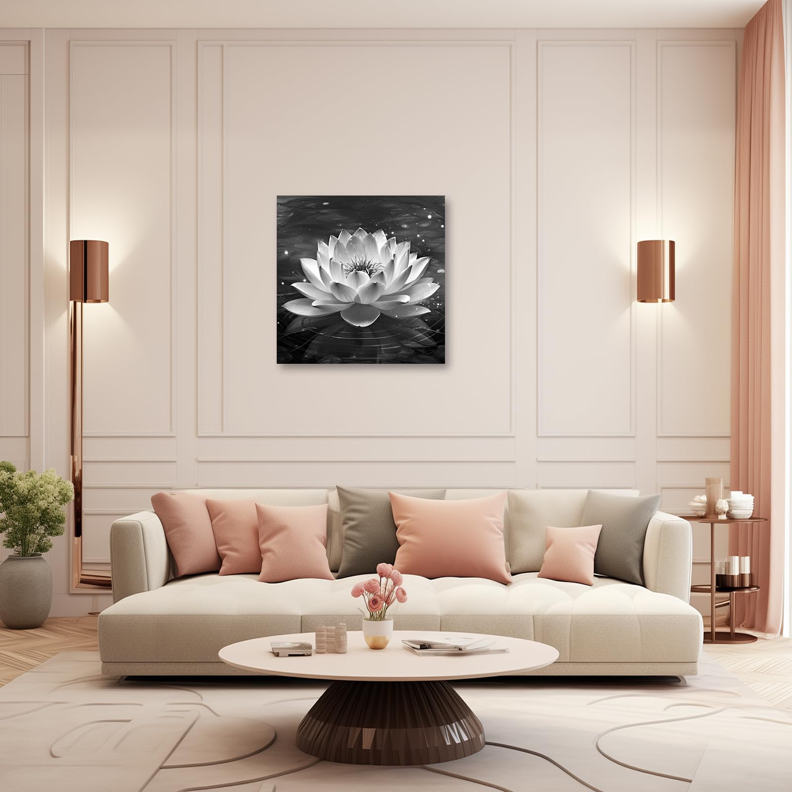 Quadro su Tela in Bianco e Nero con Motivo Zen, Fiori di Loto e ninfea, Stampe artistiche spirituali per Bagno, Meditazione, Yoga e Spa (Immagine 2, (45,75 cm x 45,75 cm))