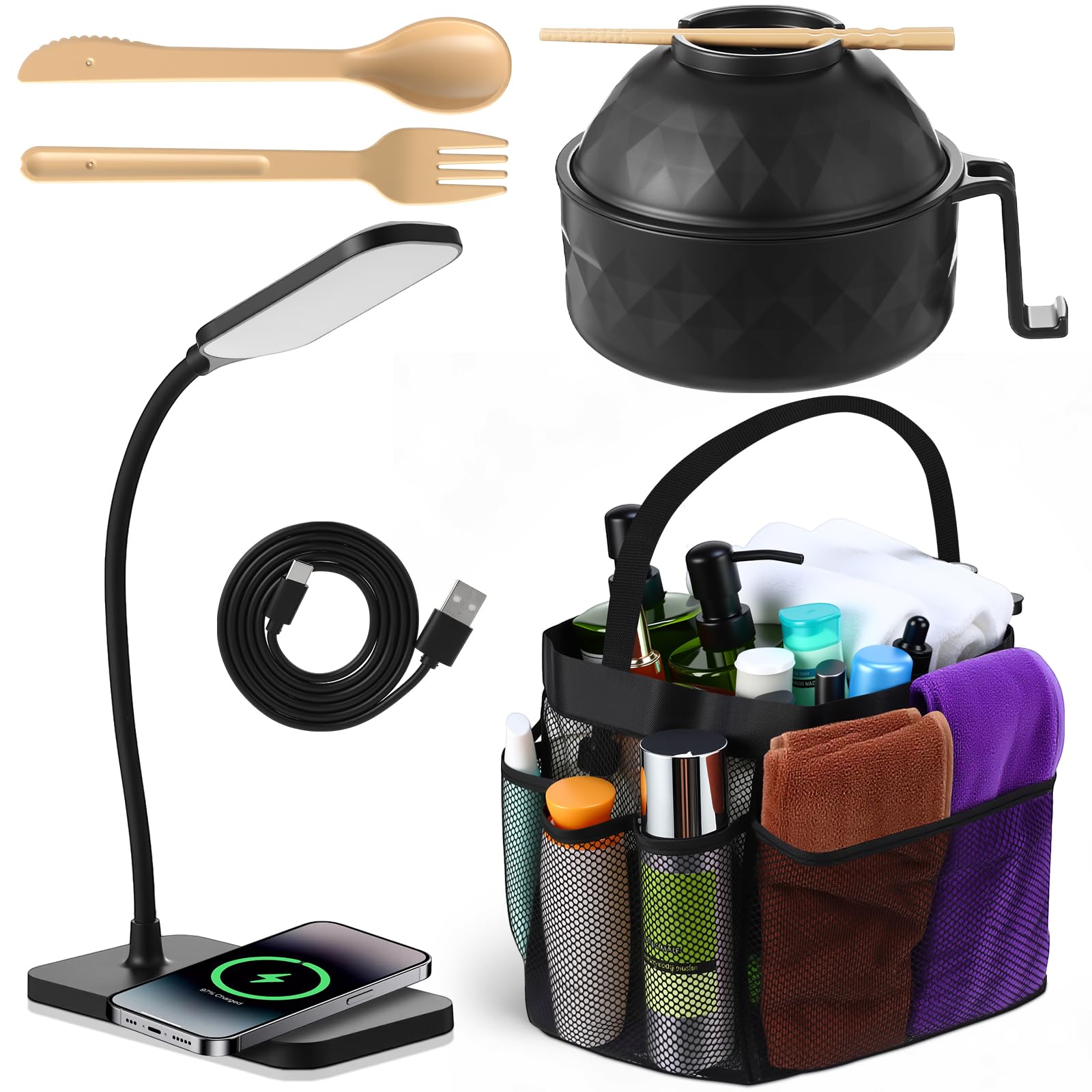 Photo 1 of Widecook 3 Pack College Dorm Essentials Set with 1 Pack 8-Pocket Mesh Shower Caddy Portable, 1 Foldable LED Desk Lamp Type-c Charging, 1 Ramen Cooker Set for College Dorm Home(Black)