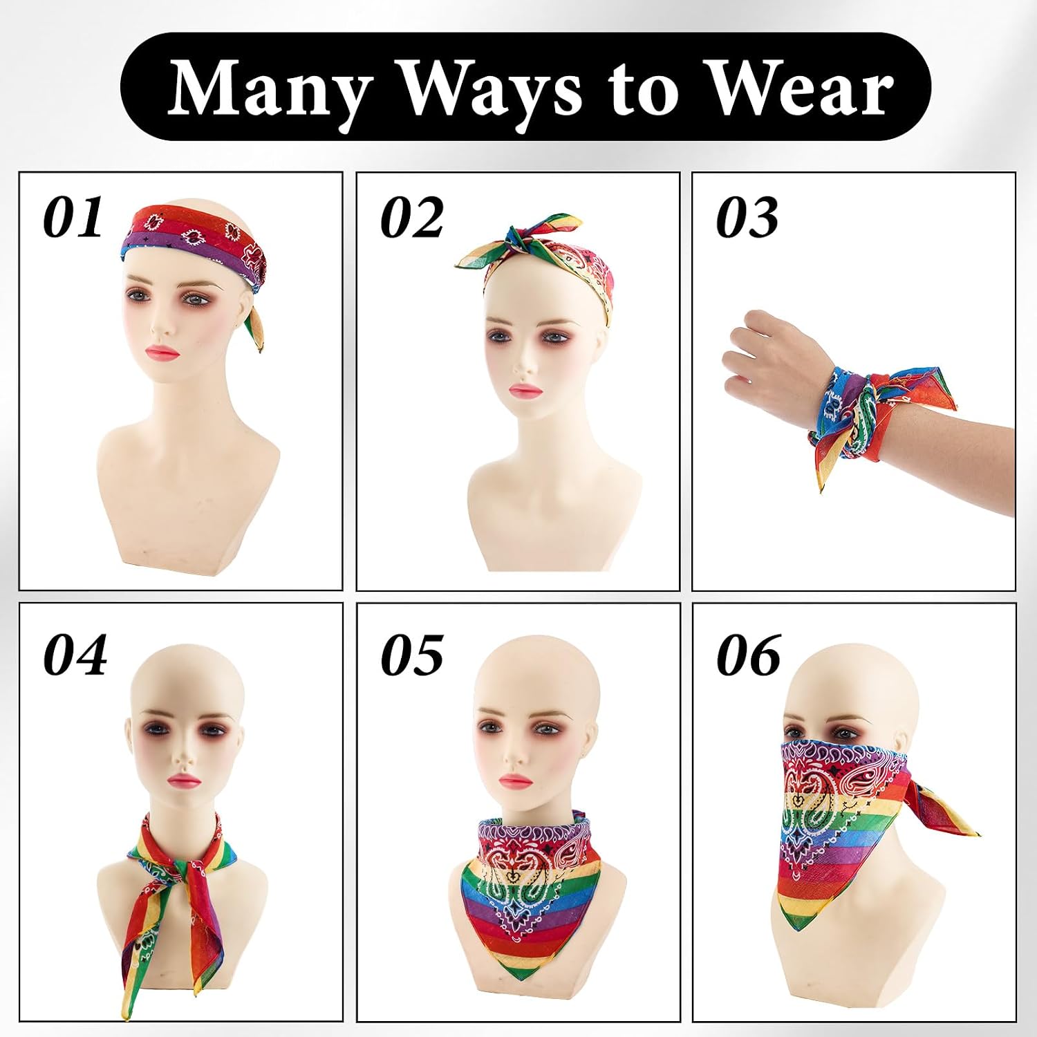 6 Pcs Rainbow Gay Pride LGBTQ Hippie Square Bandana Headband Scarf for Party and Festivals