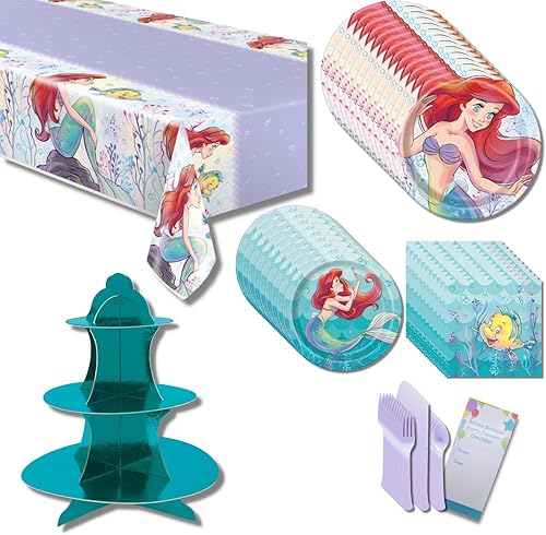 Ariel Birthday Decorations Little Mermaid Party Supplies Plates Napkins Table Cover Banner Purple Cutlery Teal Teired Cupcake Stand for 24 cupcakes