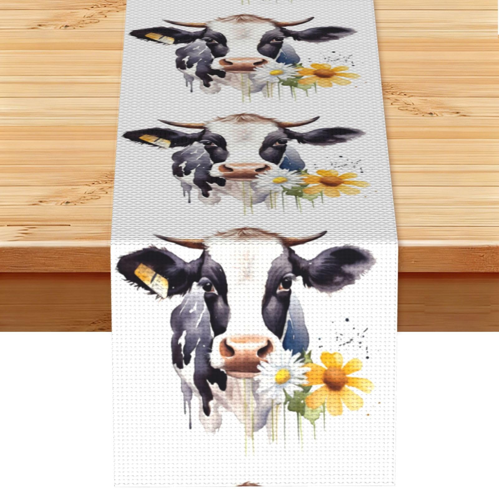 Fodpand Black Rustic Cotton Linen Table Runner, Watercolor Cow And Daisy Flower Table Runners 13 X 72 Inches, Modern Elegant Farmhouse Tablecloth, Washable Kitchen Dining Table Decoration For Home Party Decor