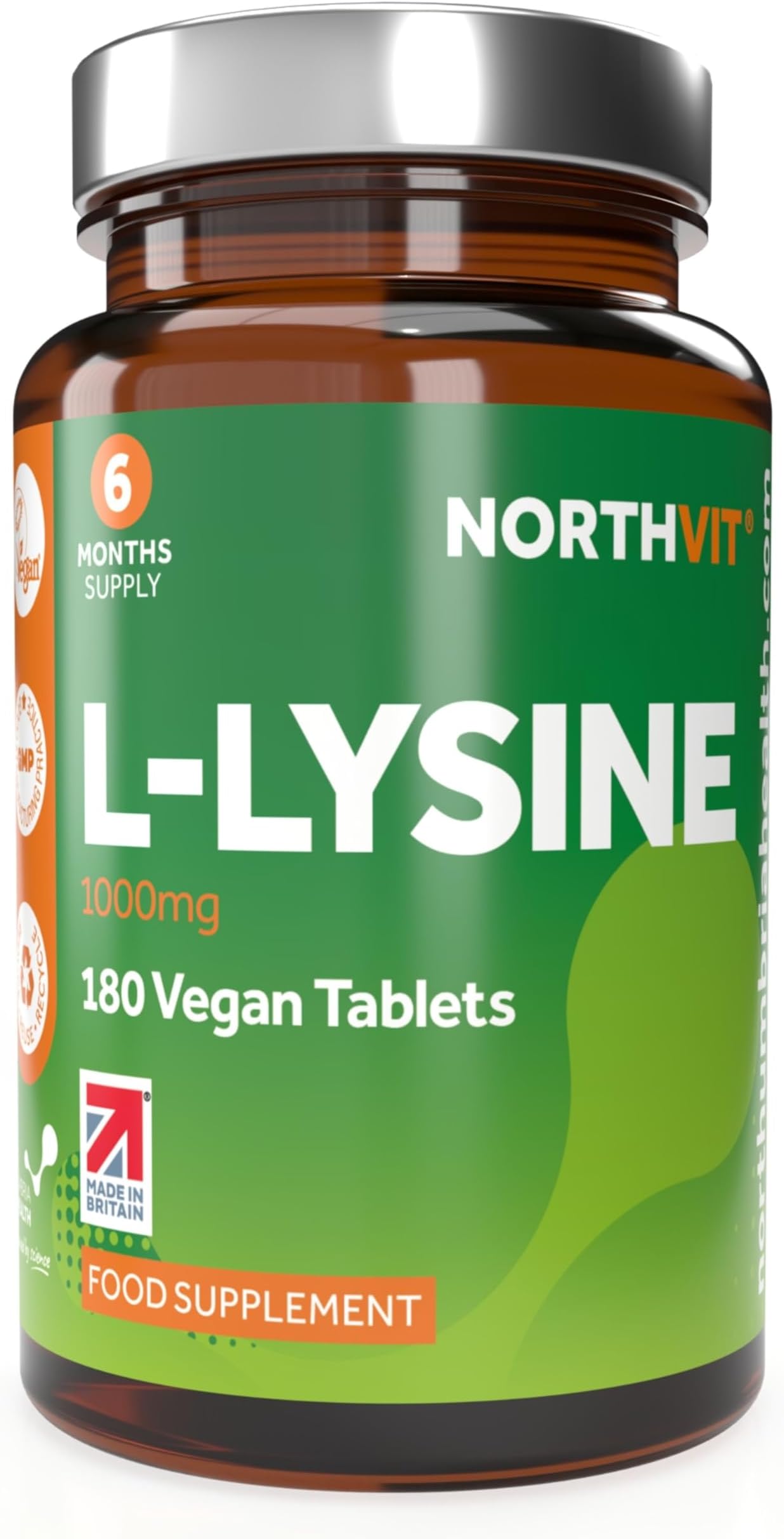 L-Lysine 1000mg High Strength Tablets – 180 Vegan Tablets (6 Month Supply) | Essential Amino Acid for Normal Growth & Muscle Turnover | Made in the UK | Northumbria Health