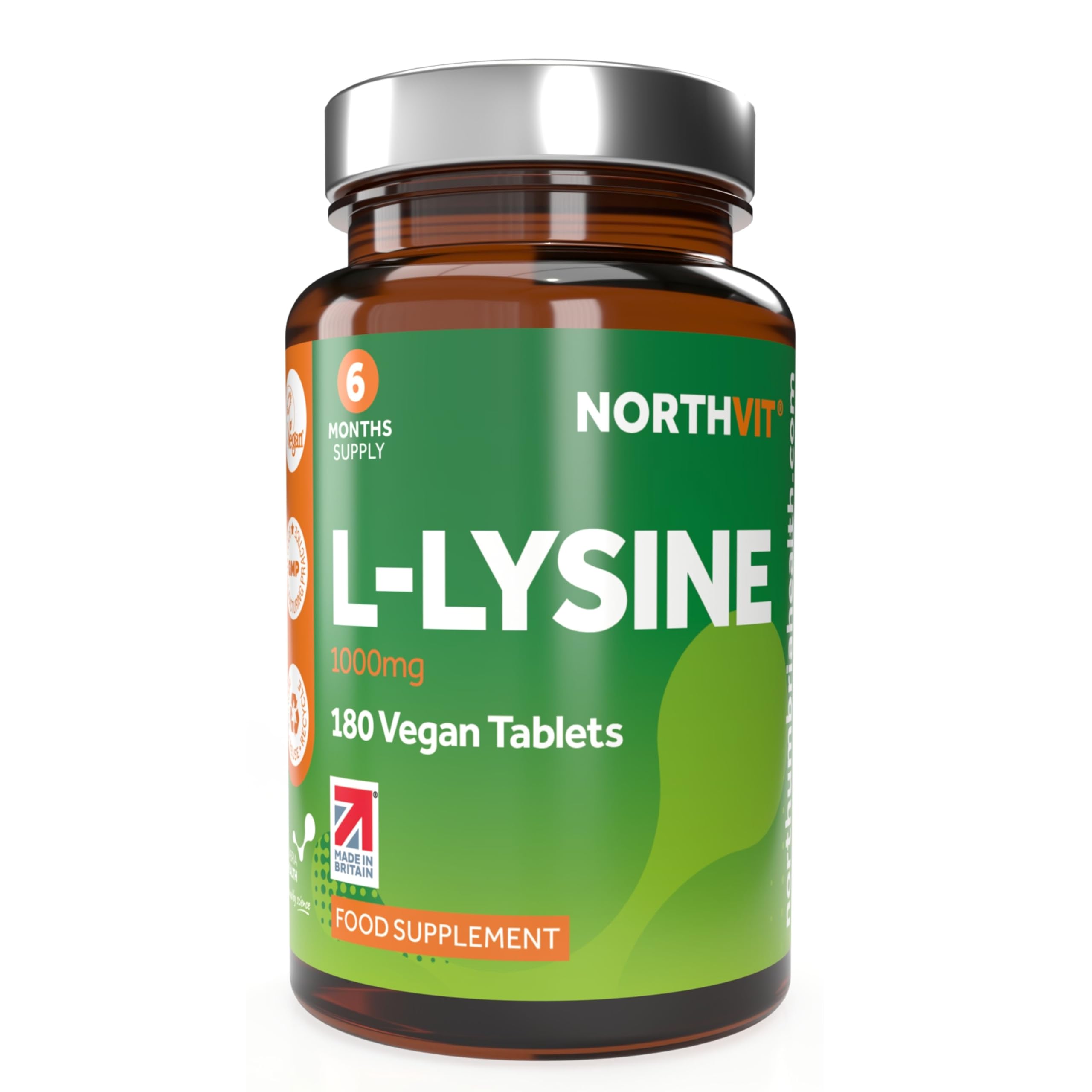L-Lysine 1000mg High Strength Tablets – 180 Vegan Tablets (6 Month Supply) | Essential Amino Acid for Normal Growth & Muscle Turnover | Made in The UK | Northumbria Health
